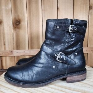 UGG Fabrizia Boots Womens 8.5 Black Leather Moto Biker Ankle Zip Booties